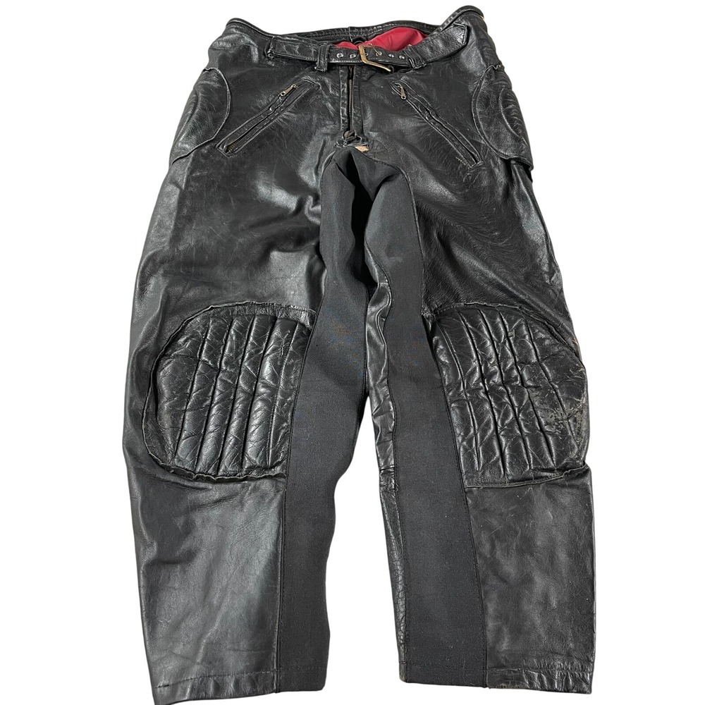 Vintage Black Leather Motorcycle Racing Pants Yellow Stripe Padded 33x25 Flaws